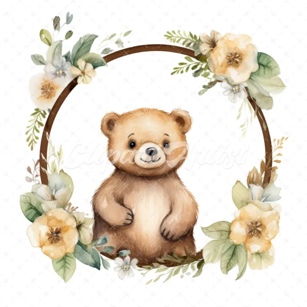 20 High-Quality Bear In Round Frame Rack Clipart - Bear frame digital watercolor JPG instant download for commercial use - Digital download