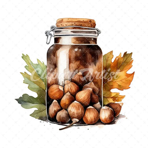 20 High-Quality Acorns Jar Clipart - Acorns jar digital watercolor JPG instant download for commercial use - Digital download