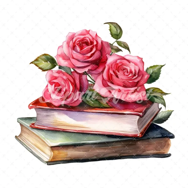 20 High-Quality Rose Books Clipart - Rose books digital watercolor JPG instant download for commercial use - Digital download