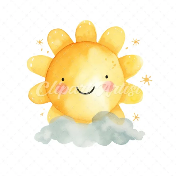 18 High-Quality Cute Sun and Cloud Clipart - Cute sun cloud digital watercolor JPG instant download for commercial use - Digital download