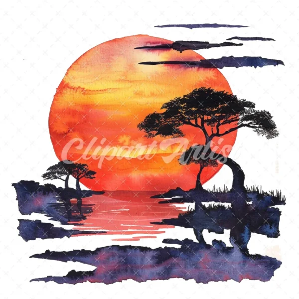 21 High-Quality African Sunset Clipart - African sunset digital watercolor JPG instant download for commercial use - Digital download