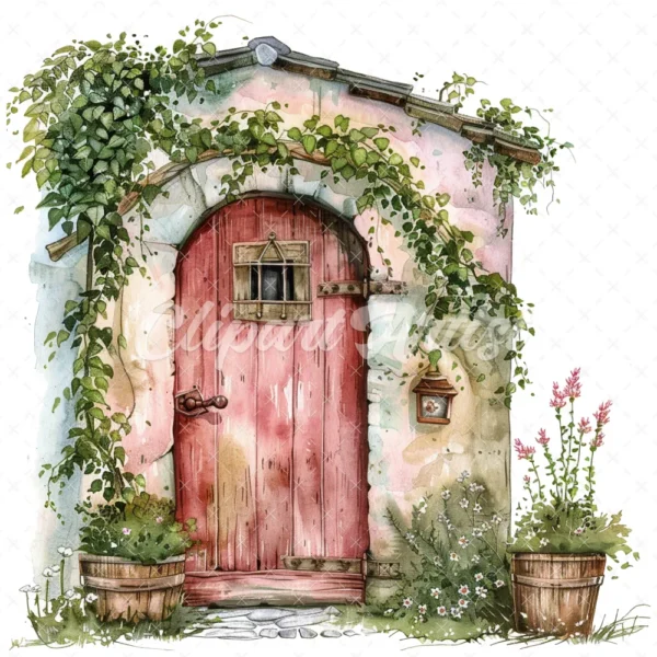 20 High-Quality Doors on Countryside Clipart - Floral doors digital watercolor JPG instant download for commercial use - Digital download