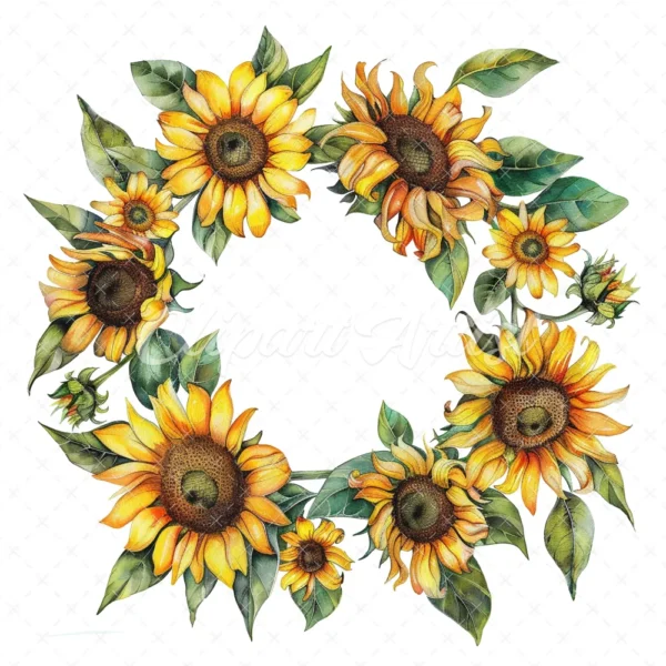 20 High-Quality Sunflowers Wreath Clipart - Sunflowers wreath digital watercolor JPG instant download for commercial use - Digital download