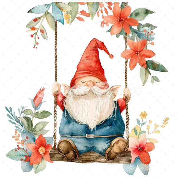18 High-Quality Gnome on Swing Clipart - Gnome on swing wreath digital watercolor JPG instant download for commercial use - Digital download