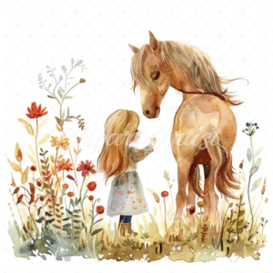 19 High-Quality Girl With Horse Clipart - Girl with horse digital watercolor JPG instant download for commercial use - Digital download