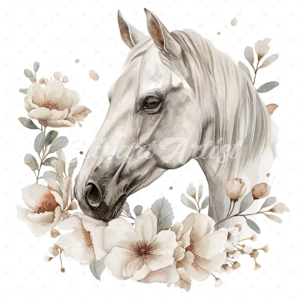 20 High-Quality White Floral Horse Clipart - White horse digital watercolor JPG instant download for commercial use - Digital download