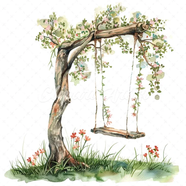 18 High-Quality Tree Swings Clipart - Tree swings digital watercolor JPG instant download for commercial use - Digital download