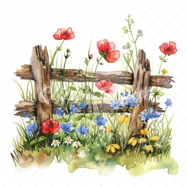 20 High-Quality Fence Wildflowers Clipart - Fence wildflowers digital watercolor JPG instant download for commercial use - Digital download