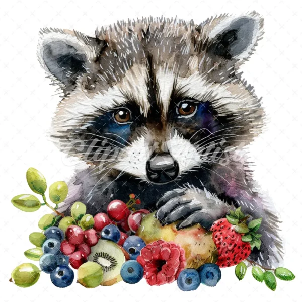 20 High-Quality Cute Fruit Raccoon Clipart - Fruit raccoon digital watercolor JPG instant download for commercial use - Digital download
