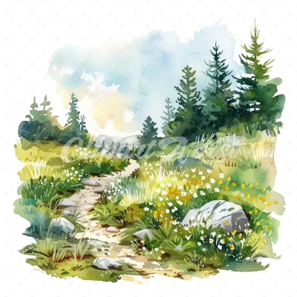 18 High-Quality Spring Meadow Trail Clipart - Spring meadow trail watercolor JPG instant download for commercial use - Digital download