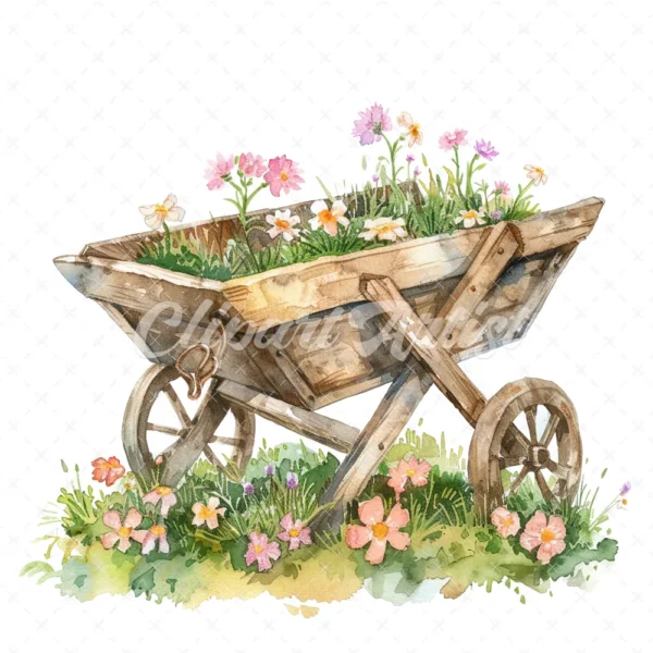 20 High-Quality Rustic Wheelbarrow Clipart - Wheelbarrow digital watercolor JPG instant download for commercial use - Digital download