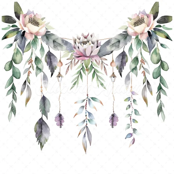 20 High-Quality Boho Leaves Garland Clipart - Boho leaf garland digital watercolor JPG instant download for commercial use -Digital download