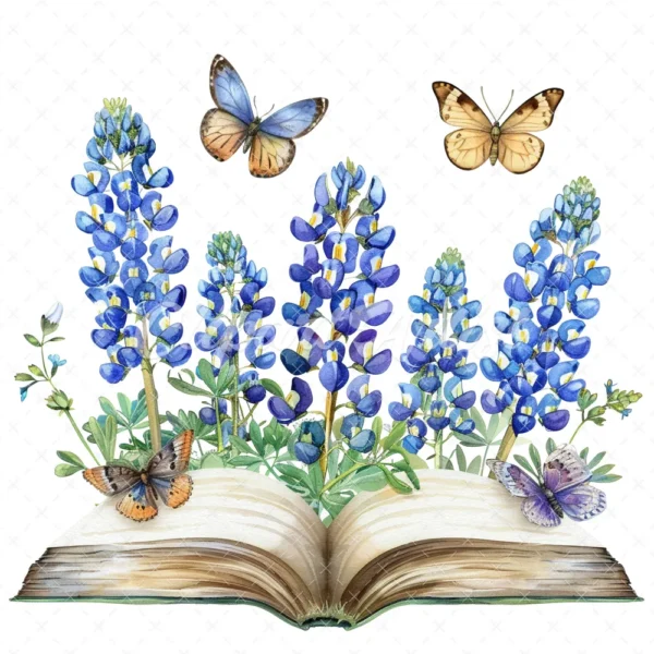 21 High-Quality Bluebonnet Floral Book Clipart - Floral book digital watercolor JPG instant download for commercial use - Digital download