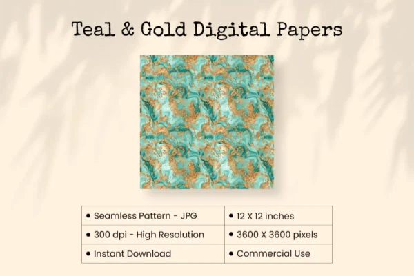Teal and Gold Seamless Digital Paper - 63 Scrapbook patterns, Teal gold textures, Future journal and cards, Commercial use, Digital download