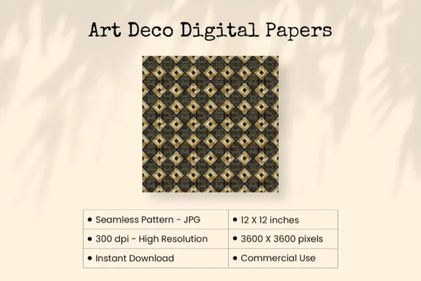Art Deco Seamless Digital Paper - 84 Scrapbook patterns, Vintage art deco designs, Black and gold pattern, Commercial use, Digital download
