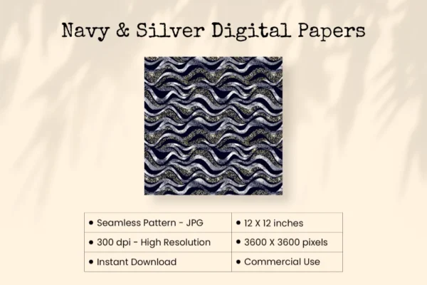 Navy and Silver Seamless Digital Paper - 63 Scrapbook patterns, Blue and silver wedding paper, Silver foil, Commercial use, Digital download