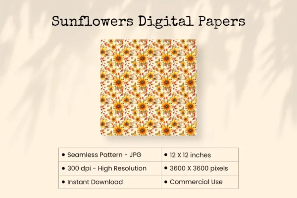 Sunflowers Seamless Digital Paper - 64 Scrapbook patterns, Seamless autumn backgrounds, Fall texture paper, Commercial use, Digital download