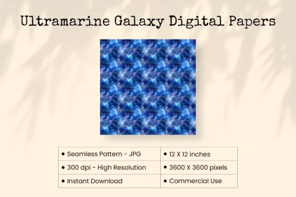 Ultramarine Galaxy Seamless Digital Paper - 63 Scrapbook patterns, Blue night sky backgrounds, Space foil, Commercial use, Digital download