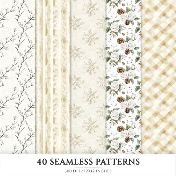Vanilla Winter Seamless Patterns, Winter cozy JPEG, Cozy cottagecore pattern, Rustic winter repeating pattern, Digital scrapbook paper