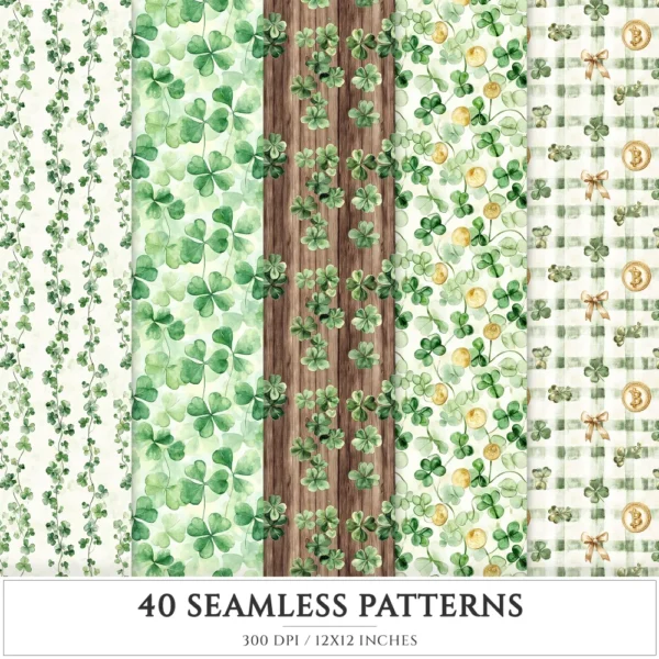 Lucky Cottage Seamless Patterns, Shamrock floral JPEG, Green celtic pattern, St. patrick’s day repeating pattern, Digital scrapbook paper