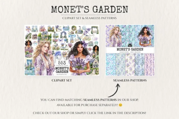 Monet's Garden Watercolor Clipart Set - 550+ transparent PNG, Spring garden graphics, Romantic florals art, Commercial use, Digital download