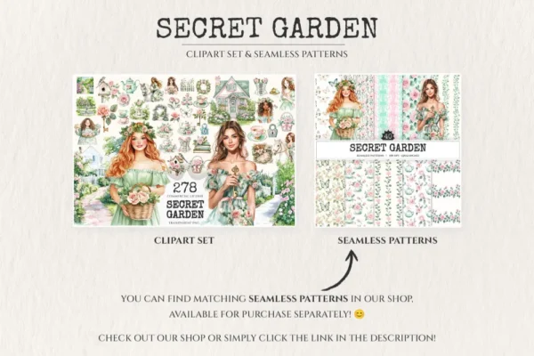 Secret Garden Watercolor Clipart Set - 275+ transparent PNG, Garden tea party graphics, Spring greenery art, Commercial use,Digital download