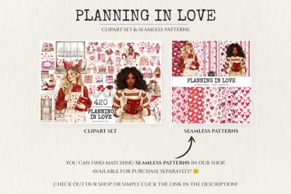 Planning in Love Watercolor Clipart Set - 415+ transparent PNG, Valentine graphics, Bookish love images, Commercial use, Digital download