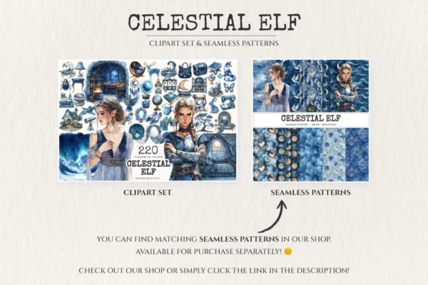 Celestial Elf Watercolor Clipart Set - 215+ transparent PNG, Magical nightscape graphics, Cosmic stars art, Commercial use, Digital download
