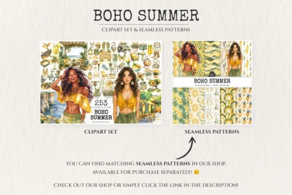 Boho Summer Watercolor Clipart Set - 250+ transparent PNG, Sunkissed boho graphics, Seaside fashion images, Commercial use, Digital download
