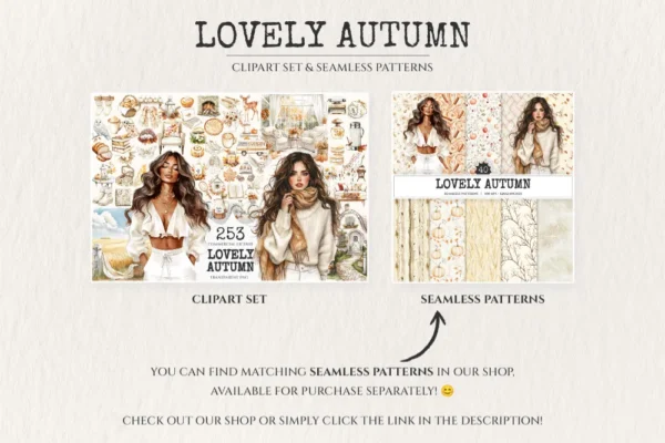 Lovely Autumn Watercolor Clipart Set - 250+ transparent PNG, Pumpkin season graphics, Girl with book images, Commercial use,Digital download