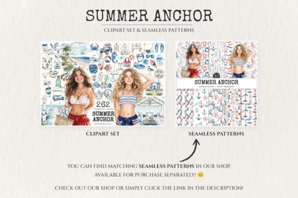 Summer Anchor Watercolor Clipart Set - 260+ transparent PNG, Seaside coastal graphics, Summertime images, Commercial use, Digital download