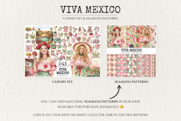 Viva Mexico Watercolor Clipart Set - 240+ transparent PNG, Mexican fiesta graphics, Cinco de mayo party art, Commercial use,Digital download