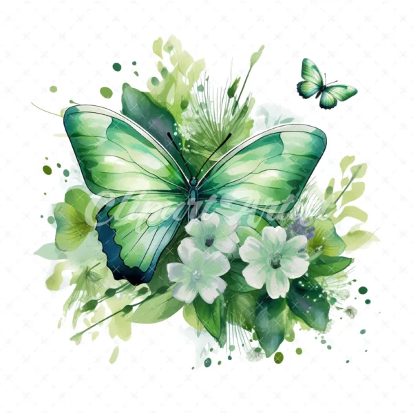 20 High-Quality Green Floral Butterfly Clipart - Butterfly digital watercolor JPG instant download for commercial use - Digital download