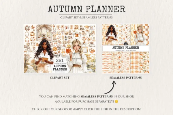 Autumn Planner Watercolor Clipart Set - 248+ transparent PNG, Cozy planner girl graphics, Boho fall png, Commercial use, Digital download