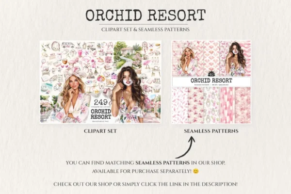 Orchid Resort Watercolor Clipart Set - 245+ transparent PNG, Spa resort illustrations, Summer travel art, Commercial use, Digital download