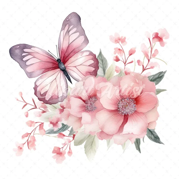 20 High-Quality Pink Floral Butterfly Clipart - Pink butterfly digital watercolor JPG instant download for commercial use - Digital download
