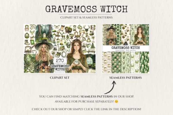 Gravemoss Witch Watercolor Clipart Set - 265+ transparent PNG, Mystic forest graphics, Witchy fantasy art, Commercial use, Digital download