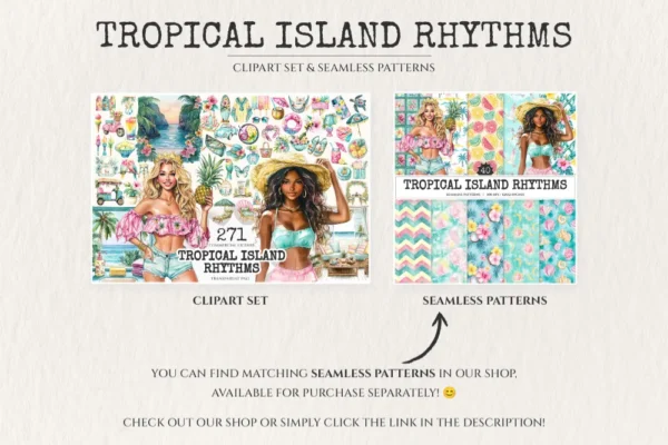Tropical Island Rhythms Watercolor Clipart Set - 268+ transparent PNG, Seaside graphics, Tropical summer, Commercial use, Digital download