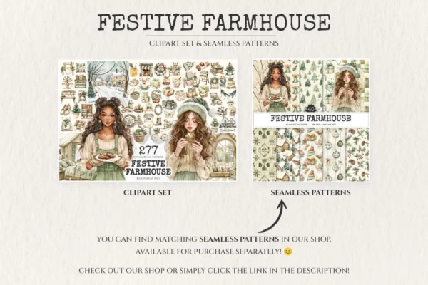 Festive Farmhouse Watercolor Clipart Set - 273+ transparent PNG, Cozy christmas graphics, Holiday cabin art, Commercial use,Digital download