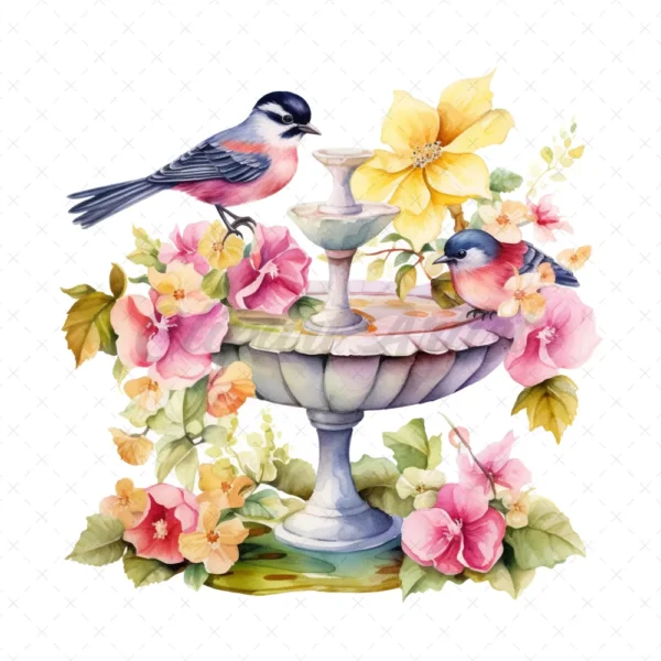 20 High-Quality Floral Birdbath Clipart - Floral birdbath digital watercolor JPG instant download for commercial use - Digital download
