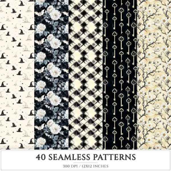 Creepy and Cozy Seamless Patterns, Autumn halloween JPEG, Skeleton pattern, Bat, Spider web, Raven repeating pattern,Digital scrapbook paper