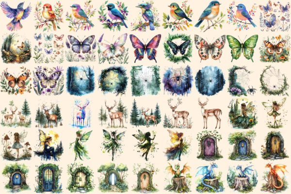 Magical Forests Watercolor Clipart Bundle - 350+ transparent PNG, Magical forest graphics, Nature images, Commercial use, Digital download