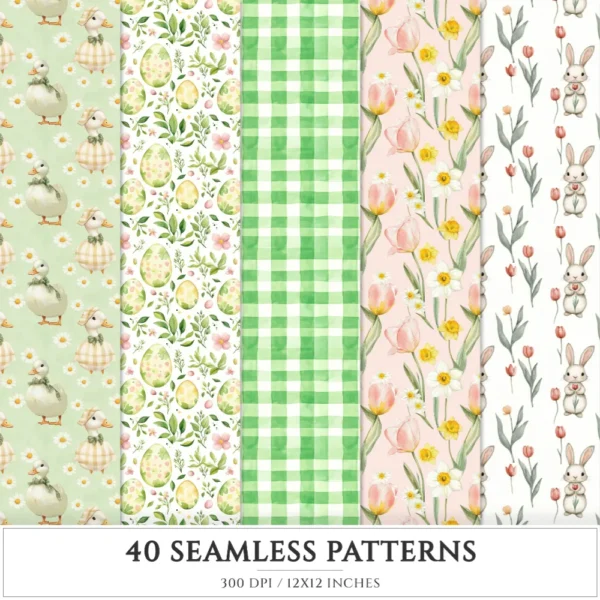 Happy Easter Seamless Patterns, Cozy floral easter JPEG, Checkered plaid pattern, Easter bunnies repeating pattern, Digital scrapbook paper