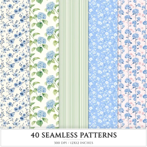 Grandmillennial Seamless Patterns, Chinoiserie JPEG, Pastel floral pattern, Stripes and plaid repeating pattern, Digital scrapbook paper