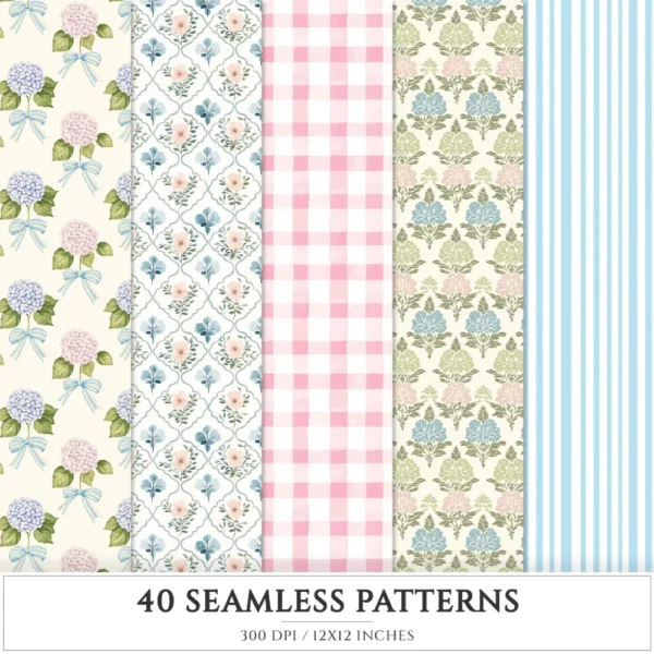 Grandmillennial Seamless Patterns, Chinoiserie JPEG, Pastel glitter pattern, Stripes and plaid repeating pattern, Digital scrapbook paper