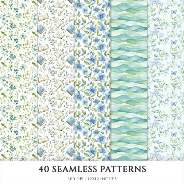 Springtime Planning Seamless Patterns, Cute spring JPEG, Spring reading pattern, Meadow flowers repeating pattern, Digital scrapbook paper