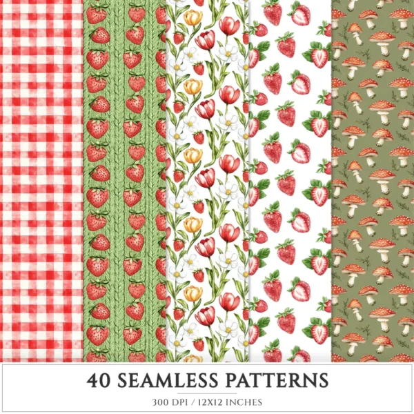 Warm Berry Spring Seamless Patterns, Spring summer JPEG, Spring flowers pattern, Cottage spring repeating pattern, Digital scrapbook paper