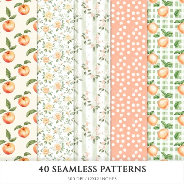 Peach Blush Summer Seamless Patterns, Cottagecore JPEG, Floral summertime pattern, Peony flowers repeating pattern, Digital scrapbook paper