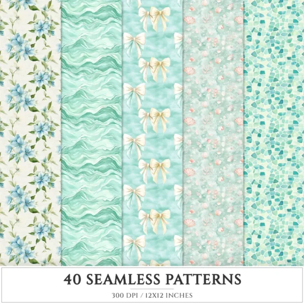 Coastal Serenity Seamless Patterns, Seaside JPEG, Starfish pattern, Coral, Pebbles, Summer beach repeating pattern, Digital scrapbook paper