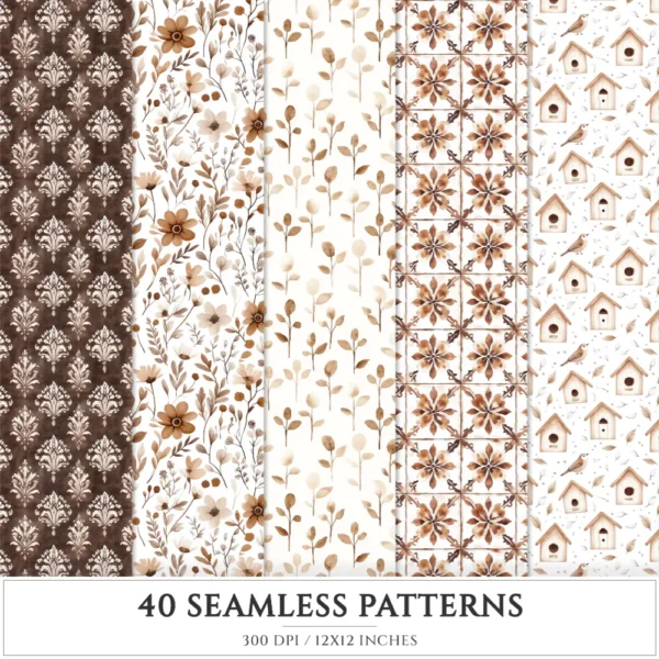 Mocha Spring Seamless Patterns, Cottage spring JPEG, Calla lily pattern, Mushroom, Spring flowers repeating pattern, Digital scrapbook paper